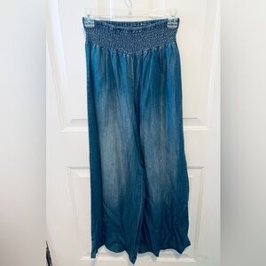 Altar'd State Blue Smocked Waist Denim-Style Palazzo Pants